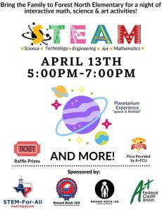 Bring the family to forest north elementary for a night of interactive math, science, art, and more. April 13th from 5:00pm to 7:00pm.